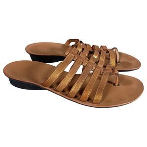 Paul Green Metallic Gold Leather Strappy Thong Sandal Low Wedge Womens 7.5